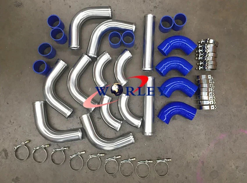 2.5" Aluminum Universal Intercooler Turbo Piping Kit + Blue Hoses + Clamps
