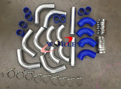 2.5" Aluminum Universal Intercooler Turbo Piping Kit + Blue Hoses + Clamps