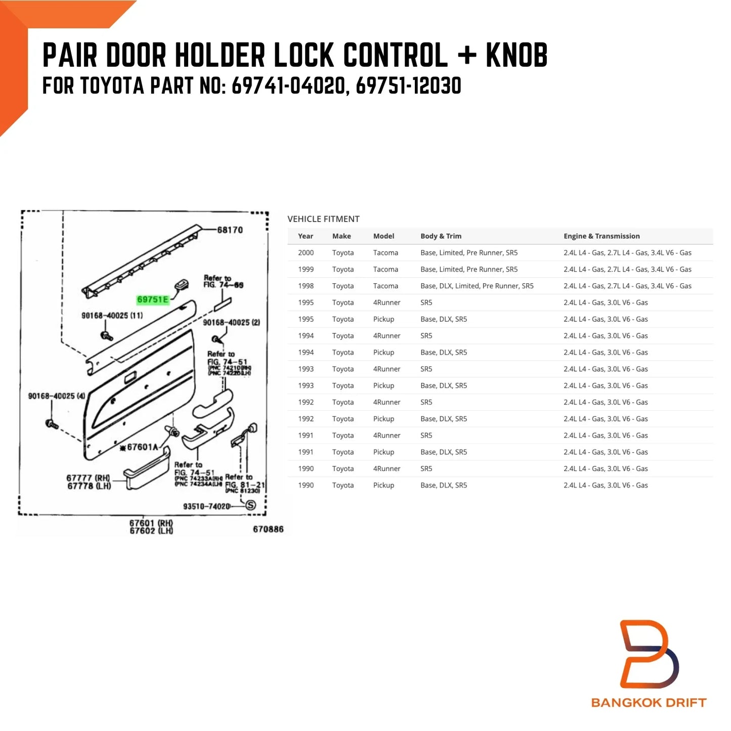 Grey Door Lock Control Knob & Holder Trim for Toyota Hilux 4Runner (1984-1997)