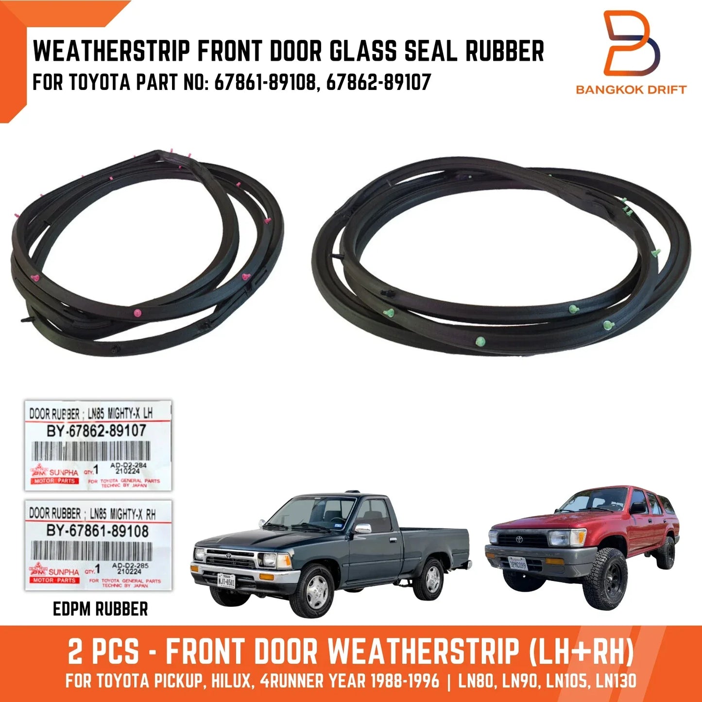 Front Door Seal Weatherstrip for Toyota Hilux Ute MK3 4Runner (88-96)