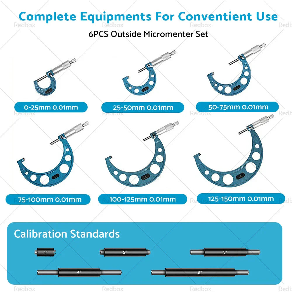 6pcs Precision Outside Micrometer Set 0-150mm Carbide Machinist Tool