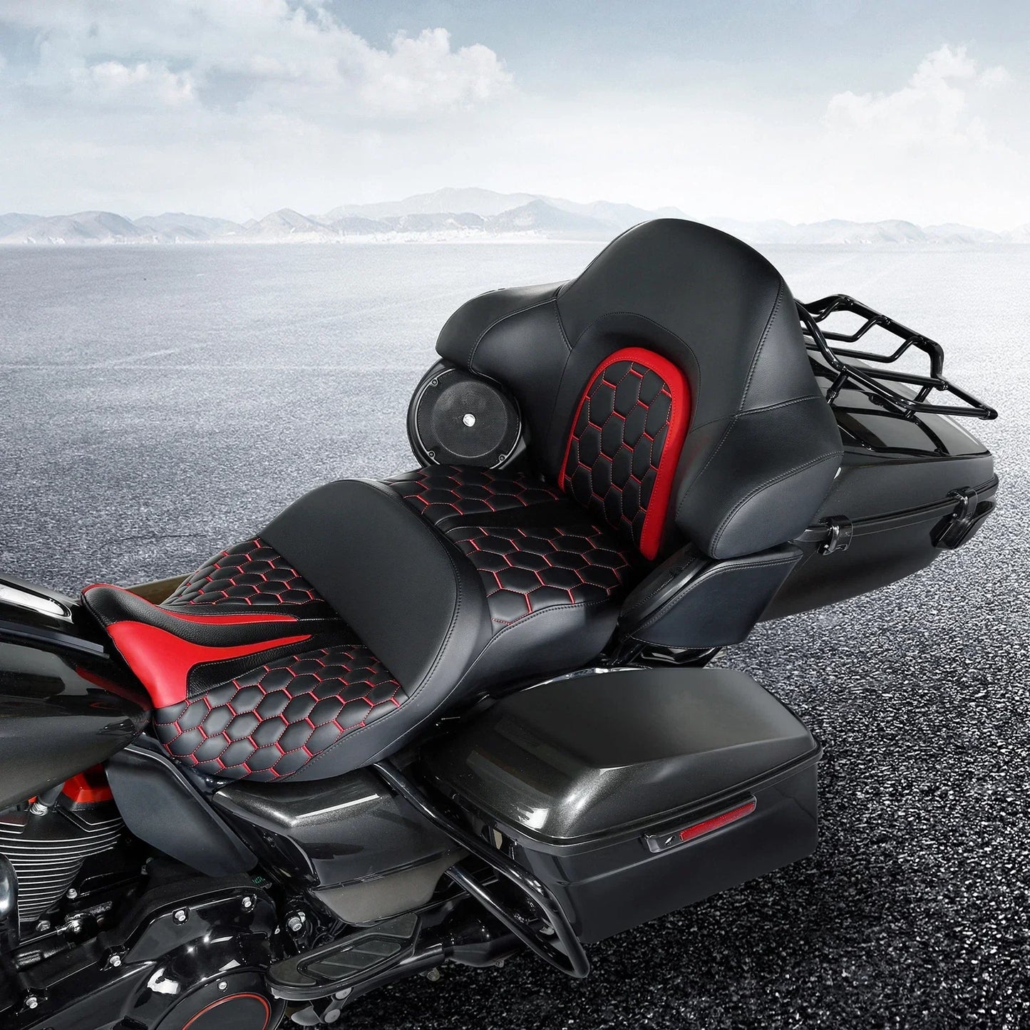 Black Red Driver Passenger Seat Backrest Pad for Harley Street Glide (2014-23)