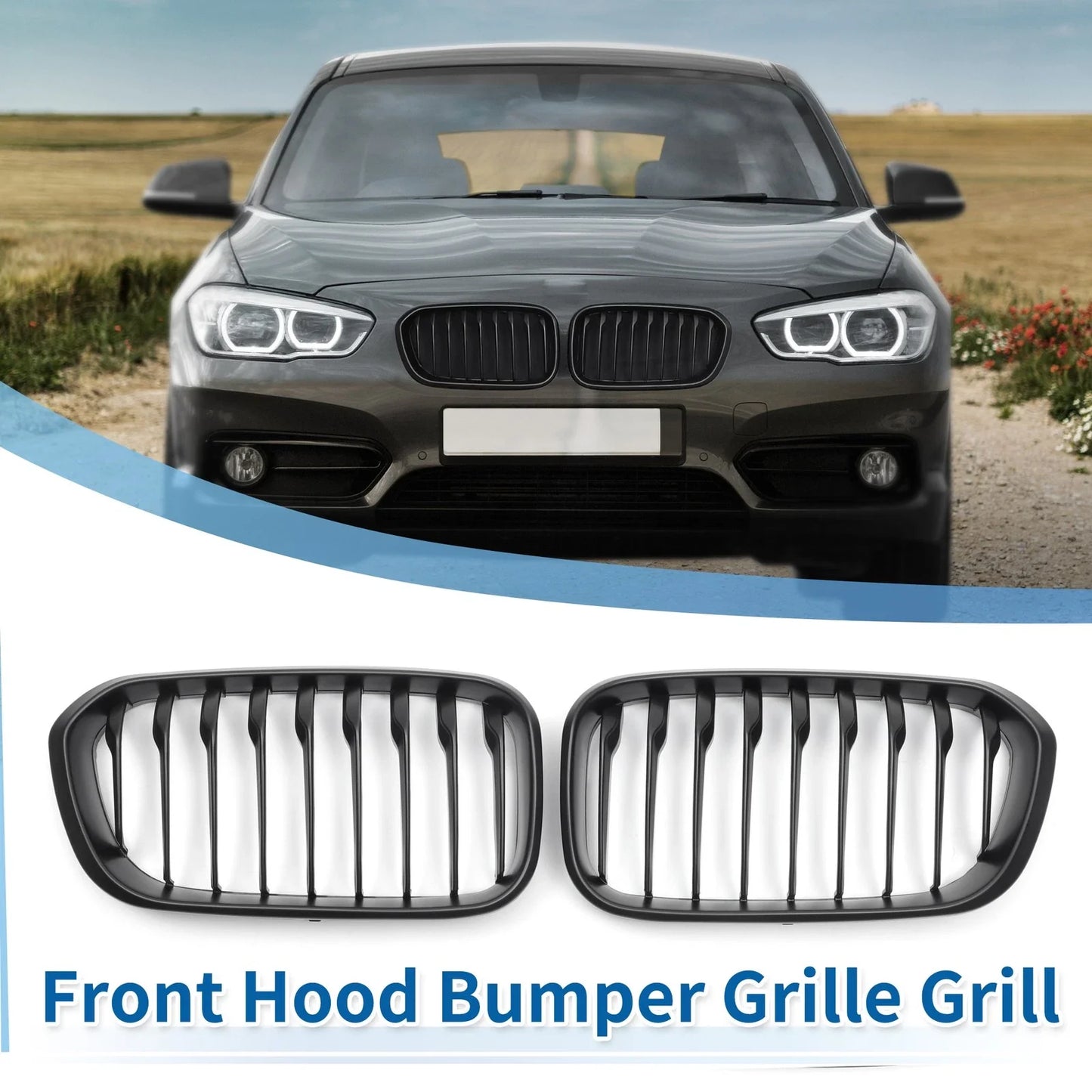 Pair Front Upper Bumper Grille for BMW 1 Series F20 Matte Black (2011-2019)
