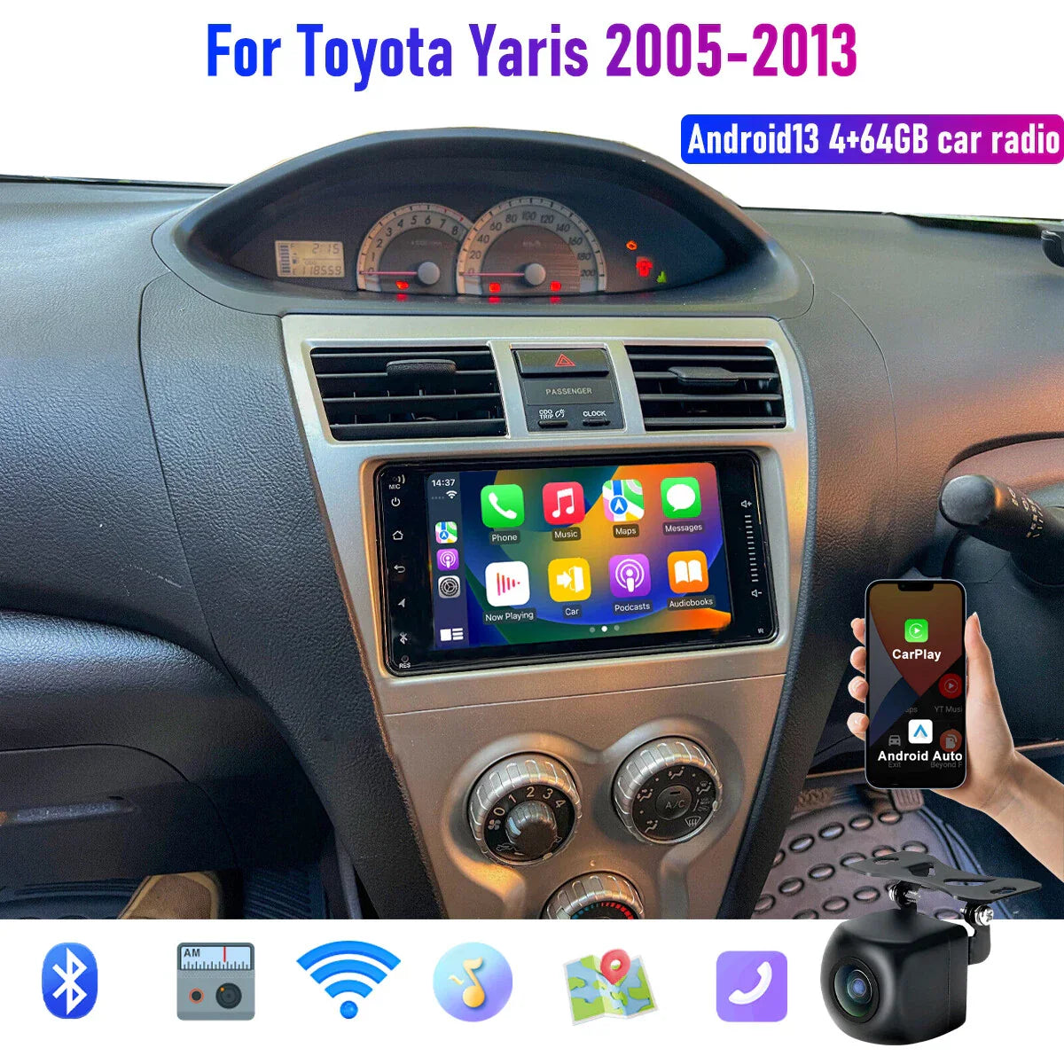 7" Wireless CarPlay Android Auto Head Unit for Toyota Yaris (2005-2013)