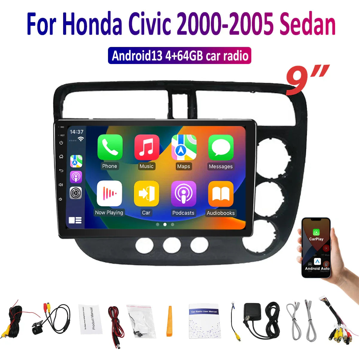 9" Wireless Apple CarPlay Android Auto Head Unit for Honda Civic (2000-2005)