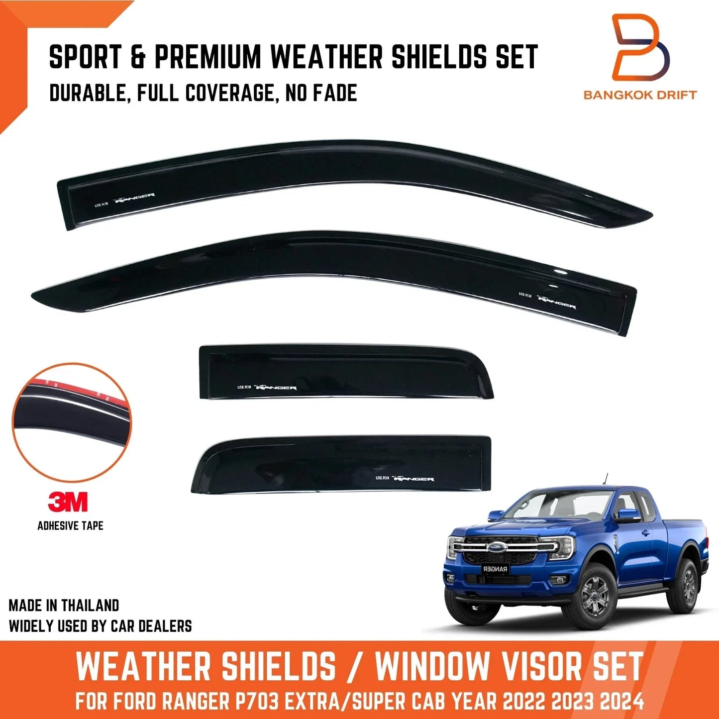 Black Weather Shield Visor Sun Rain Guard for Ford Ranger (2022-2024)