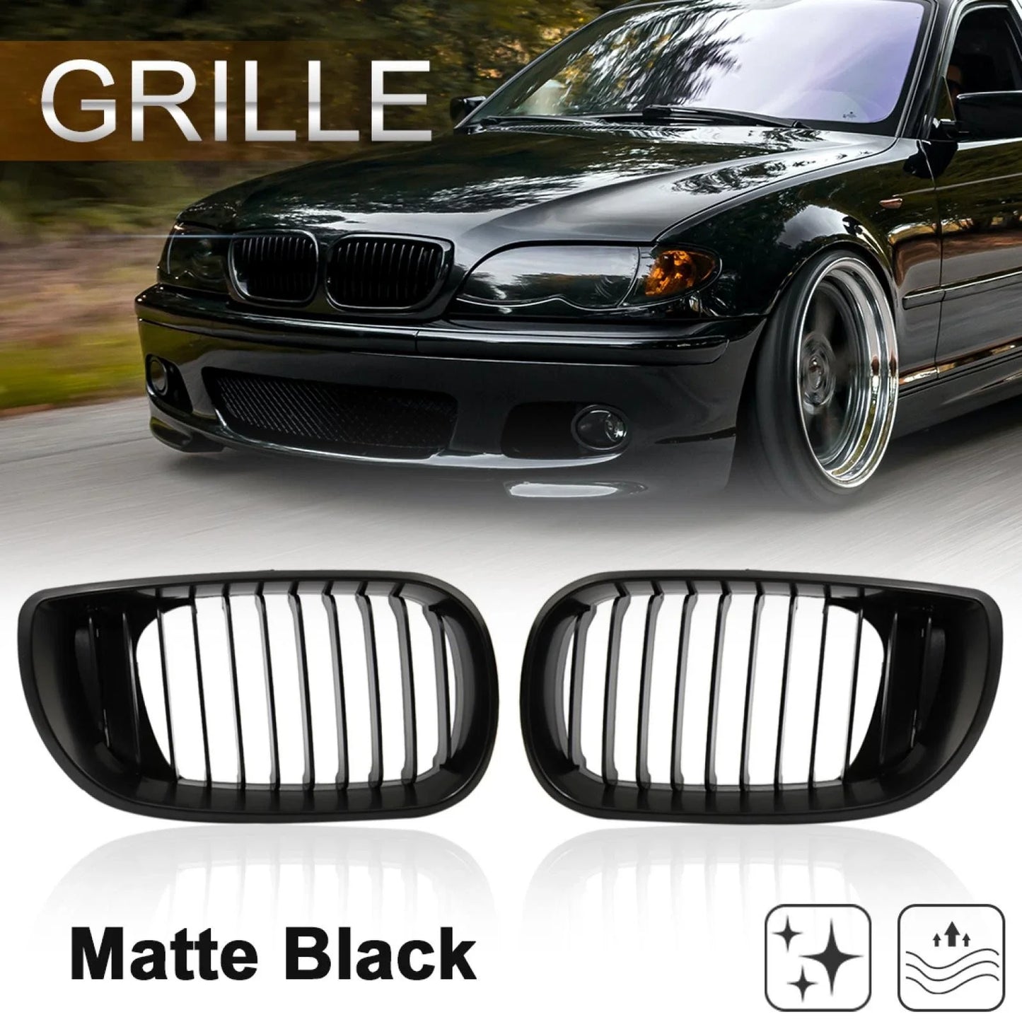 Front Upper Hood Bumper Grille Grill Pair for BMW 335i Signal Slat Matte Black
