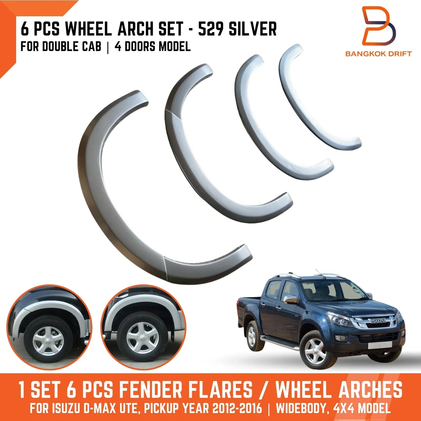 6PCS Silver Fender Flares for Isuzu D-Max Dual Cab 4x4 (2012-2016)