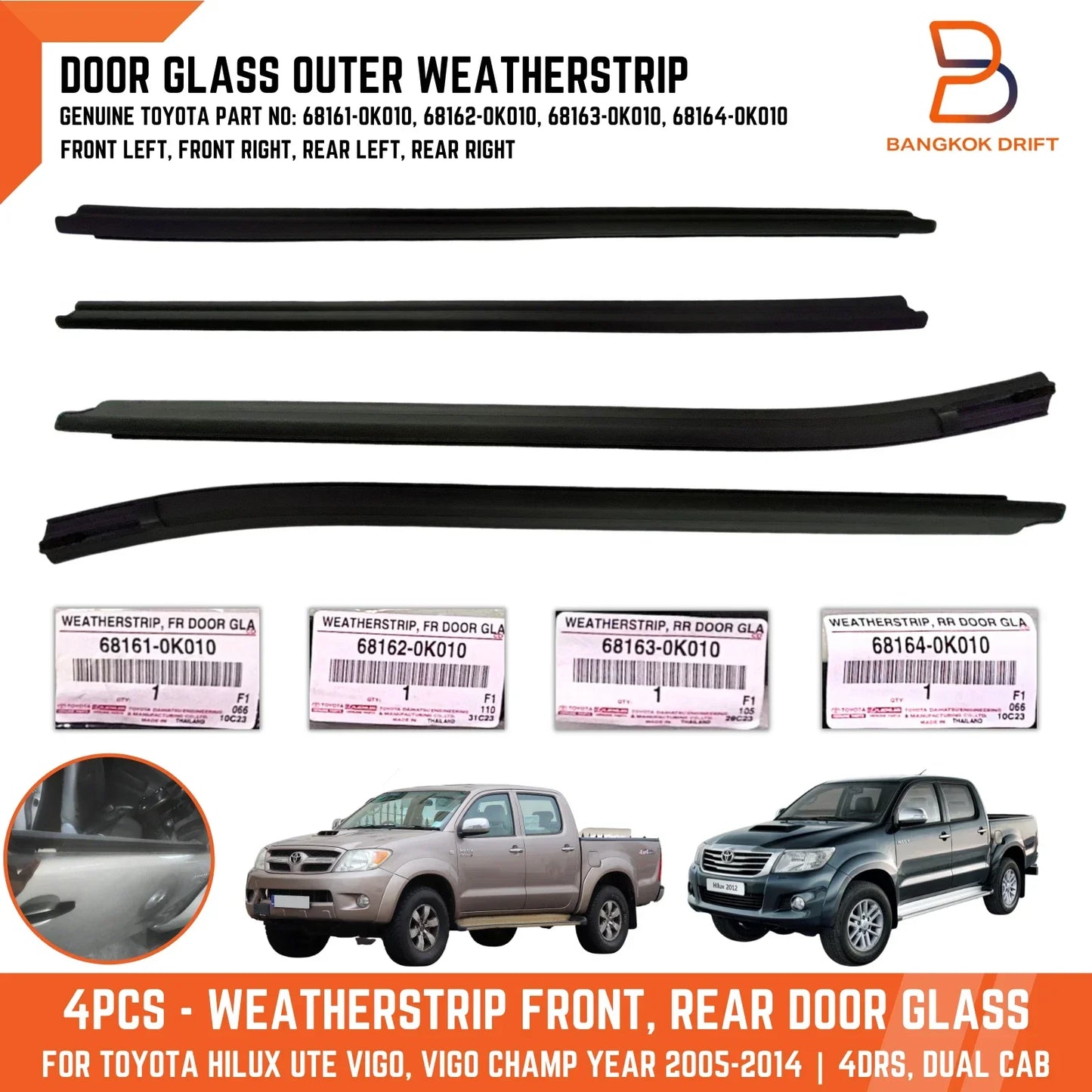 Outer Belt Weatherstrip Glass Door Seal for Toyota Hilux Ute Vigo (05-14)