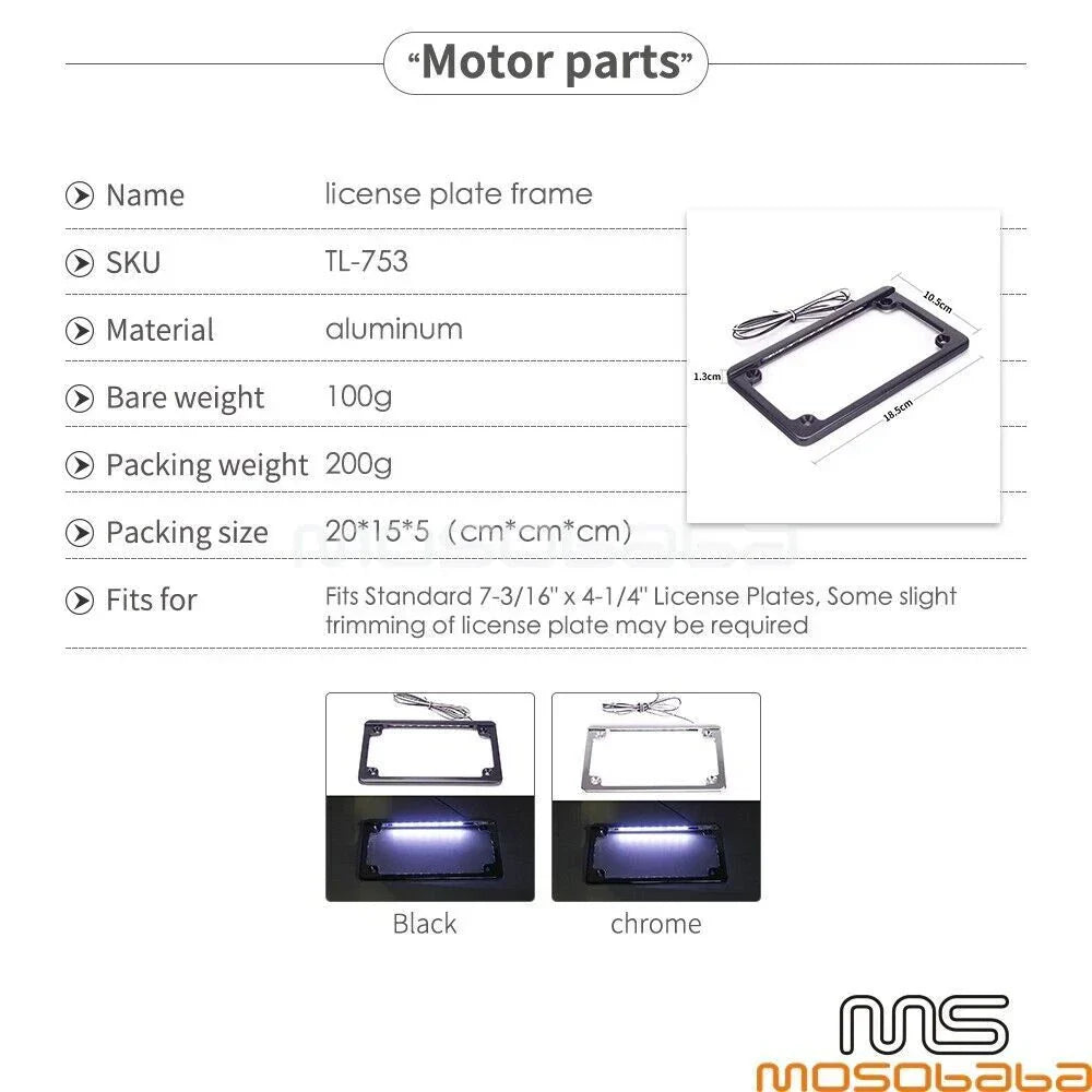 Black Motorcycle License Plate Frame Holder with LED Lights for Motorcycles