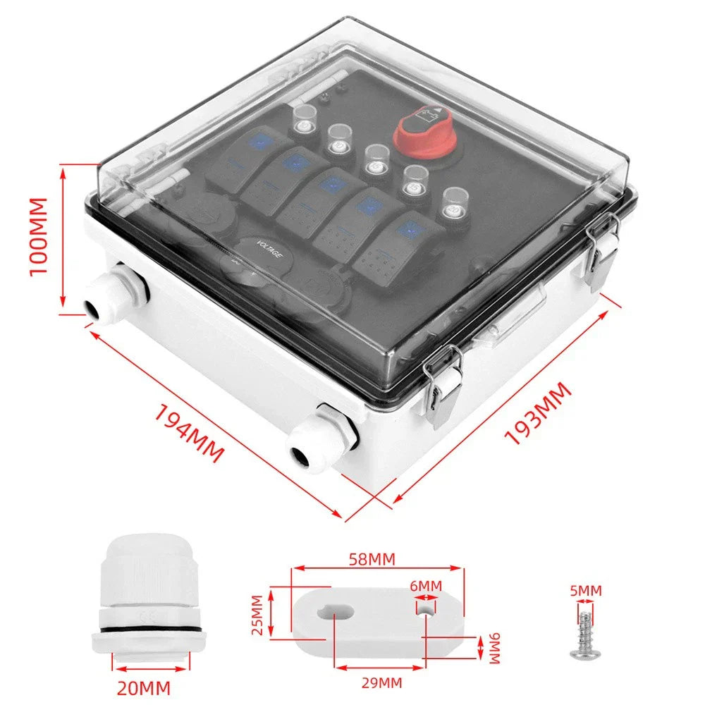 5 Gang Rocker Switch Box w/ Waterproof Cover & USB Charger for Car - 79 Characters