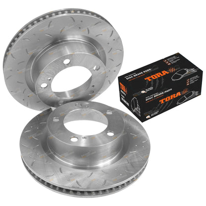 2 x Front Dimpled & Slotted Disc Brake Rotors & Pads for Landcruiser 200 Series