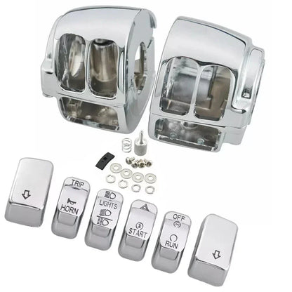 Chrome Switch Housing Covers + 6 x Hand Control Button Caps for Harley Softail