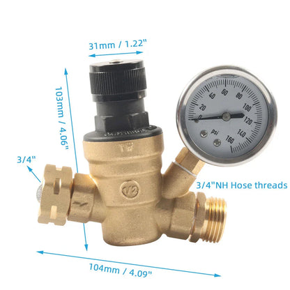 Adjustable RV Water Pressure Regulator Valve w/ Gauge for Camper