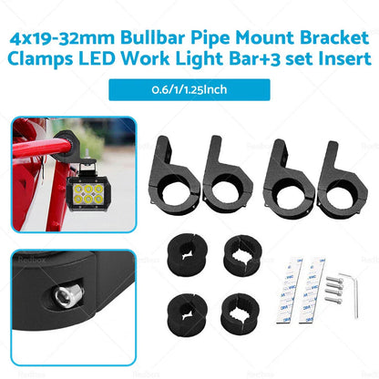 4 x 19-32mm Bullbar Pipe Mount Bracket Clamps for Work Light Bar