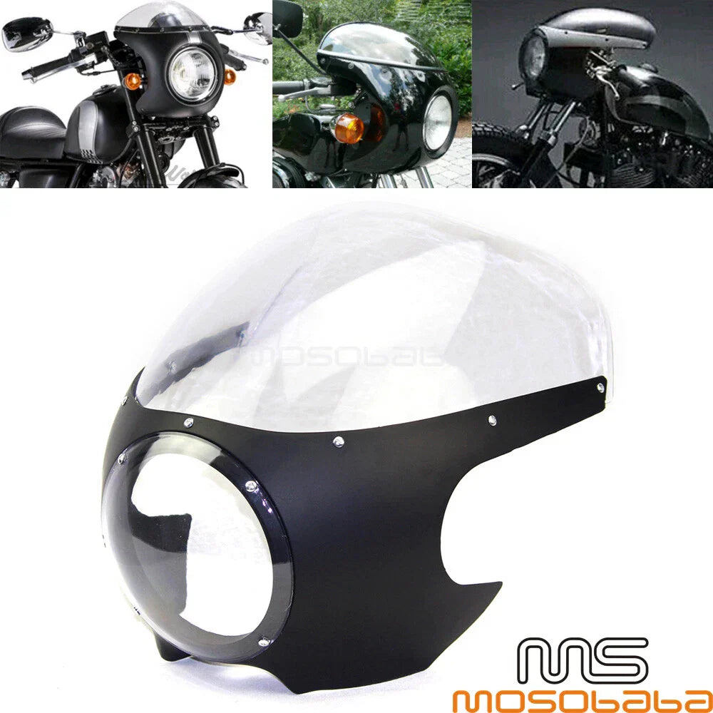 5 3/4" Retro Headlight Fairing w/Windshield for Harley Suzuki Kawasaki Honda